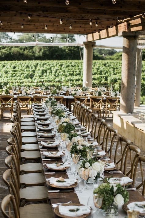 Wolffer Estate Vineyard, Modern Vineyard Wedding, Wedding Reception Winery, Rustic Dishes, Winery Wedding Decorations, Vineyard Wedding Decor, Winery Wedding Reception, Fairy Lighting, Rustic Vineyard Wedding