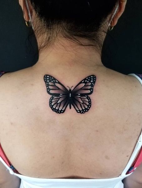 White Butterfly Tattoo, Back Tattoo Women Spine, Traditional Butterfly Tattoo, Back Tattoos Spine, Butterfly Tattoo Cover Up, Black Butterfly Tattoo, Tato Tradisional, Butterfly Tattoo Meaning, Butterfly Back Tattoo