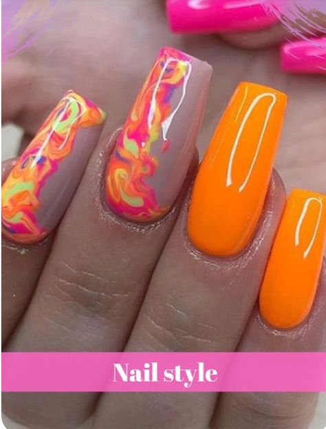 Fun Bright Vacation Nails, Summer Nail Orange, Bright Nail Designs Summer, Nail Art Designs Summer Gel, Orange Gel Nail Designs, Fun Bright Nails, Nail Designs Bright, Orange Summer Nails, Vibrant Summer Nails