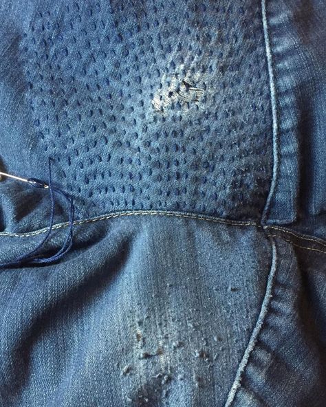 Kyndall Nelson on Instagram: “On to the next mend!! This one is to reinforce the inner thigh area. So many people are embarrassed about their jeans wearing out in this…” Visible Mending Jeans Inner Thigh, How To Patch Jeans Inner Thigh, Visual Mending, Visible Mending Jeans, Mending Stitches, Visible Mending Stitches, Upcycling Clothes, Patch Jacket, Textile Art Embroidery