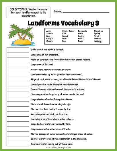 Free Landforms Vocabulary Worksheet 3 Geography Terms Printable, Landforms Worksheet Free Printable, Land Forms Worksheet, 4th Grade Social Studies Worksheets, Landforms Worksheet, Landforms Activities, Social Studies Vocabulary, Land Forms, 3rd Grade Social Studies