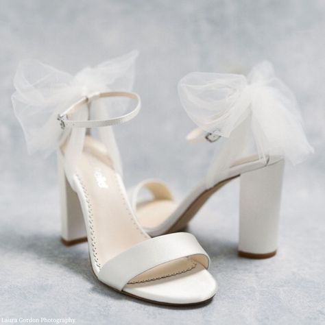 Open Toe Ankle Strap Tulle Bow Block Heels | Bella Belle Wedding Shoes Bride Bows, White Heels With Bow On Back, Wedding Heels Ribbon, Bridal Shoes Open Toe, Tulle Bow Heels, Bow Heels White, Modern Wedding Heels, Bridal Shoes With Bow, Wedding Shoes With Bows