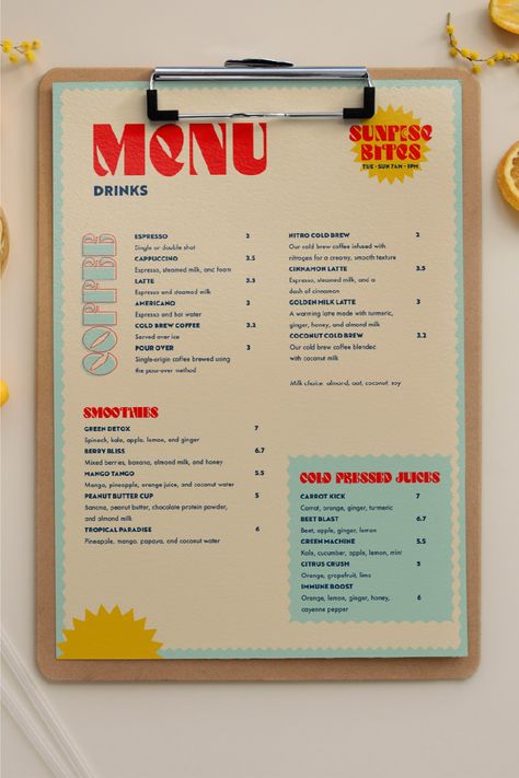 The menu that is part of the branding concept for Sunrise Bites, a restaurant with a focus on breakfast, brunch, coffee, and smoothies. A vibrant and friendly place, with a bit of a holiday morning vibe that puts customers in a good mood for the rest of the day. As a restaurant, your brand identity is what sets you apart and imprints lasting memories upon your customers. With our branding agency's help, you can create a logo that will communicate your unique story and style. To Go Restaurant Design, To Go Menu Design, Breakfast Restaurant Branding, Breakfast Menu Design Ideas, Breakfast Menu Ideas Restaurant, Menu Design Aesthetic, Menu Card Design Restaurant, Breakfast Restaurant Design, Smoothie Menu Design