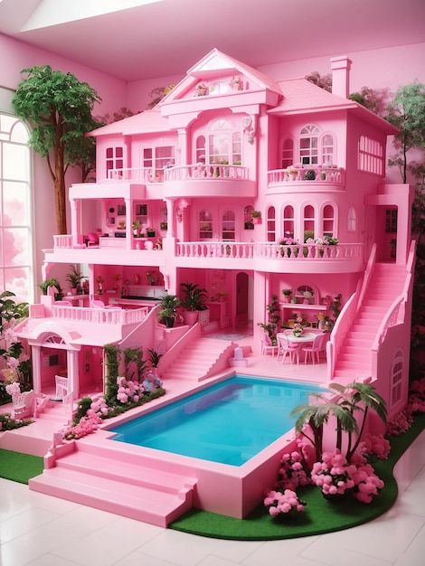 Barbie Dream House Cake Ideas, Playroom With Barbie Dream House, Barbie’s Dream House, Barbie Dream House Layout, Pink Barbie House, Barbie Playroom, Barbie Room Ideas, Barbie Doll Bedroom, Barbie Themed Room