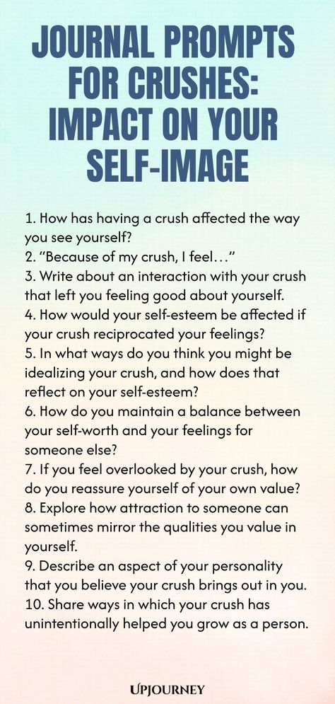 Explore these thoughtful journal prompts designed to help you reflect on the impact your crushes have on your self-image. Dive deeper into your feelings and gain a better understanding of yourself through introspection and writing. Use these prompts to explore topics such as self-worth, confidence, and personal growth. Take some time for self-discovery and uncover insights that will empower you on your journey towards self-acceptance and love. Grab your journal and start exploring today! Crush Journal Prompts, Self Acceptance Journal Prompts, Journal About Crush, Shadow Questions, Getting Over A Crush, Journal Prompts For Self Love, Relationship Board, Psychology Terms, When You Like Someone