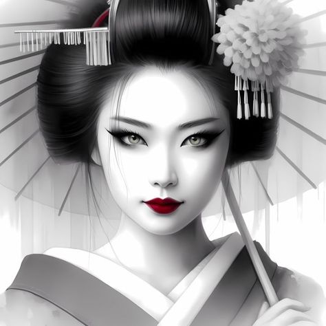 Geisha Black/White Portrait-Contrast - A.D. Visual Light Green Eyes, Women References, Kimono Art, Dotted Drawings, Paper Umbrella, Reflection Art, Geisha Art, Face Illustration, Monochrome Art