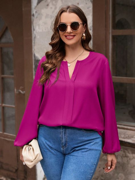 Hot Pink Elegant Collar Long Sleeve Woven Fabric Plain Top Embellished Non-Stretch Summer Women Plus Clothing Lantern Sleeved Blouses, Notched Neckline, Plain Tops, Lantern Sleeve, Plus Size Blouses, Lantern Sleeves, Kids Beachwear, Moda Casual, Plus Clothing