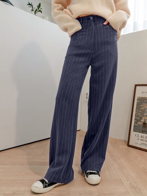 Navy Blue    Polyester Striped   Non-Stretch All Women Suits Blue Stripped Pants Outfit Women, Navy Blue Pinstripe Pants Outfit Women, Navy Pinstripe Trousers Outfit, Blue Tailored Pants Outfit, Striped Trousers Outfit Women, Blue White Striped Pants Outfit, Pin Striped Pants Outfit, Blue Pin Stripe Pants Outfit, Navy Striped Pants Outfit