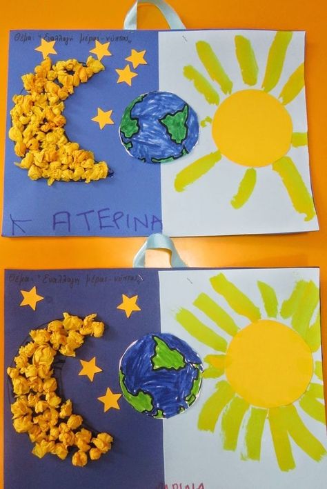 Planets Activities Preschool, Day And Night Crafts Preschool, Space Arts And Crafts For Kids, Moon Crafts Preschool, Day And Night Crafts For Kids, Space Kids Crafts, Space Art Preschool, Planet Crafts For Kids, Space Theme Crafts