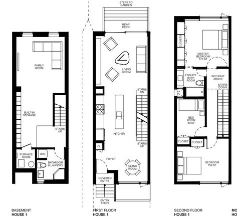 New Modern Housing In Downtown Toronto From MODERNest Breaks The Traditional Real Estate Rules | Toronto Houses, Duplex Floor Plans, Narrow House Plans, Small Modern Home, Narrow House, Green Architecture, Downtown Toronto, Row House, Small House Plans