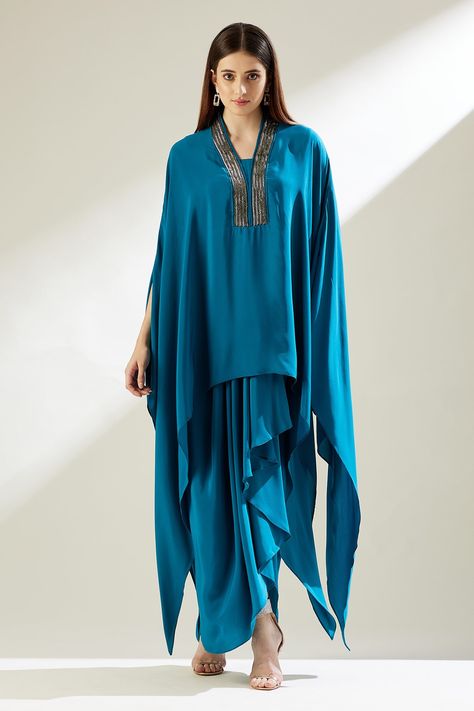 Shop for these amazing collections of Blue Silk Crepe Embroidery Bead Asymmetric Tunic And Draped Skirt Set For Women by Aakaar online at Aza Fashions. Tunic With Pants, Asymmetric Tunic, Draped Skirt, Power Dressing, Pattern Embroidery, Embroidered Neckline, Pakistani Dress Design, Marine Blue, Abaya Fashion