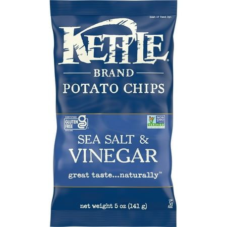 Kettle Brand Salt & Vinegar kettle chips start with a search for undisputed potato excellence. Determined not to disrupt the flawless, spudsy goodness, these beauties are kettle cooked, skins on, one batch at a time. Delight your taste buds with the delicate balance of sea salt and a hint of tongue-puckering vinegar. And of course, these chips come complete with the satisfying crunch you love. When you open this 5-ounce bag of our Kettle Brand potato chips, you know you're getting incredible kettle chips made with authentic recipes by real people. From their farms to our kitchens and then to your home, the time and attention every Kettle Brand worker puts into their products is care you can trust. All that, plus Kettle Brand chips deliver a delicious snack thats non-GMO Project Verified, a Salt And Vinegar Chips, Kettle Cooked Chips, Salt And Vinegar, Kettle Chips, Authentic Recipes, Potato Chips, Yummy Snacks, Taste Buds, Sea Salt