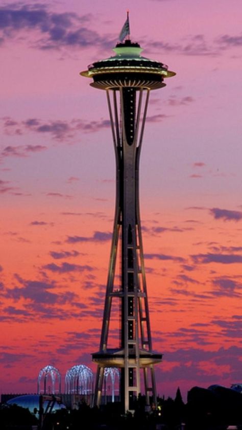 Space Needle - go to the top & watch the sunset while dining at the rotating restaurant. Seattle Sunset, Seattle Architecture, Space Needle Seattle, Evergreen State, Worlds Fair, Washington Usa, Emerald City, World's Fair, Space Needle