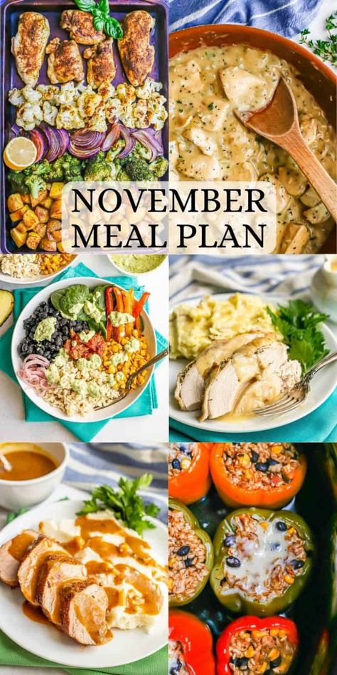 This November meal plan has a full month of ideas for easy, homemade family-friendly dinners. Includes a free printable PDF calendar with each day’s menu idea for easy planning. We Meal Plan, Easy Weeknight Menu Weekly Meal Plans, Family Menu Planning Dinners, Winter Meal Planning, Weeknight Menu Plan, November Monthly Meal Plan, Family Food On The Table, Healthy Meals For A Month Menu Planning, November Meal Plan Calendar