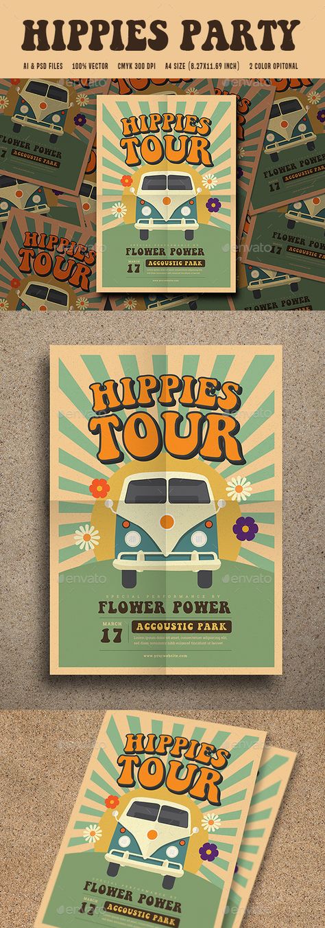 Hippies Party Flyer Party Poster Ideas, Hippie Party Decorations, Hippie Illustration, Flower Power Party, Party Design Poster, Dj Download, Kids Birthday Party Food, Dj Event, Illustration Music