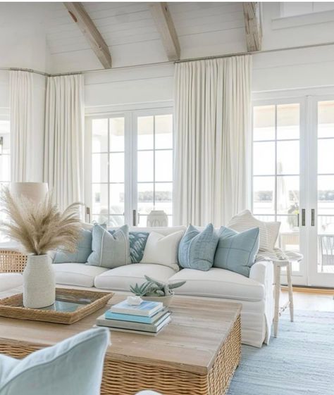 Coastal Living Room Aesthetic, Tranquil Interior Design, Costal Modern Interiors, Nantucket Style Living Room, Coastal Home Decor Ideas, California Coastal Living Room, Hampton Interior Design, Coastal Luxe Interiors, Elegant Coastal Living Room