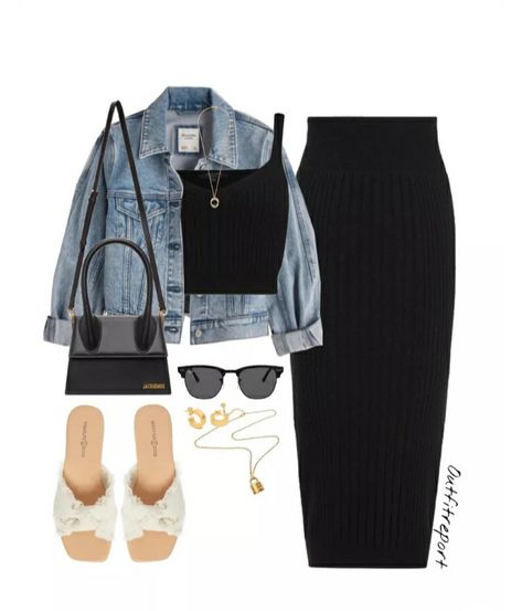 Fits For Club, Fitted Black Skirt Outfit, Black Knit Skirt Outfit Summer, Tops For Black Skirt, Off White Sandals Outfit, Outfit With A Black Skirt, Outfits With Long Black Skirts Summer, Black Dress And Denim Jacket Outfit, How To Style A Long Black Skirt Summer