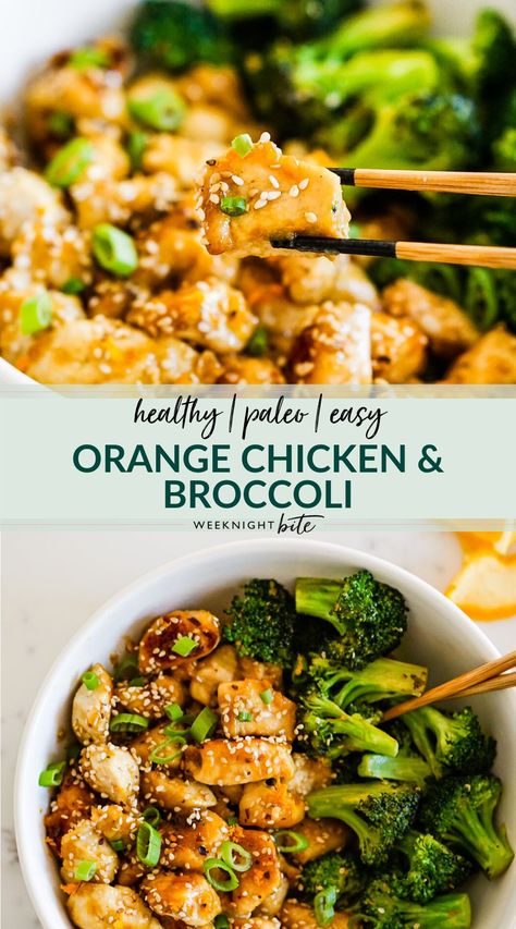 Paleo Orange Chicken and Broccoli | Weeknight Bite | This easy and delicious asian inspired dinner idea is a healthy update on the classic orange chicken recipe and uses only one pan! From gluten-free,, a bunch of simple & fresh ingredients and no additional sweeteners. You’ll love this quick & healthy spin on everyone’s favorite take-out! Paleo Dinner Bowls, Paleo Chicken Bowl, Orange Chicken Broccoli Recipe, Paleo Orange Chicken Recipe, Orange Chicken With Broccoli, Orange Chicken Bowl Recipe, One Pan Paleo Dinners, Easy Healthy Orange Chicken, Easy Quick Paleo Dinners