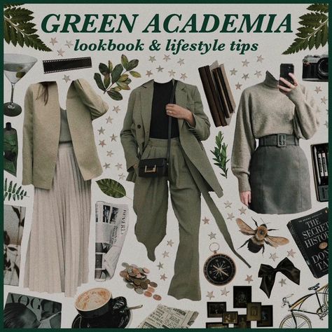 Green Academia Aesthetic Outfit, Academia Lookbook, Outfits Academia, Green Dark Academia, Colorful Academia, Green Academia Aesthetic, Podcast Recommendations, Light Academia Outfit, Green Academia