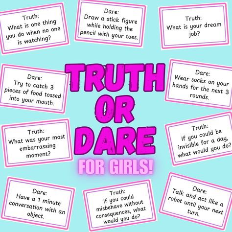 This Printable Truth or Dare for Girls is the perfect addition to a sleepover or birthday party. All of the questions and dares are kid friendly and range from serious to funny. The game includes 128 cards (64 truth cards and 64 dare cards). Additionally, the graphics are fun but minimal! That means you can easily print the cards at home without having to worry about running out of printer ink! (This game is recommended for children ages 7 and up. If you're looking for a game for younger kids, check out a printable Would You Rather Game for Kids here: https://www.etsy.com/listing/710919080/would-you-rather-for-kids? ) This product is a PDF DIGITAL DOWNLOAD that you can download and print immediately upon order. The cards are  two-sided with a question on one side and either "TRUTH" or "DAR Truth Or Dare Questions For Kids, Truth Or Dare For Kids, Perfect Sleepover, Fun Sleepover Activities, Truth Or Truth Questions, Fun Sleepover Games, Birthday Sleepover Ideas, Holiday Movie Night, Would You Rather Game