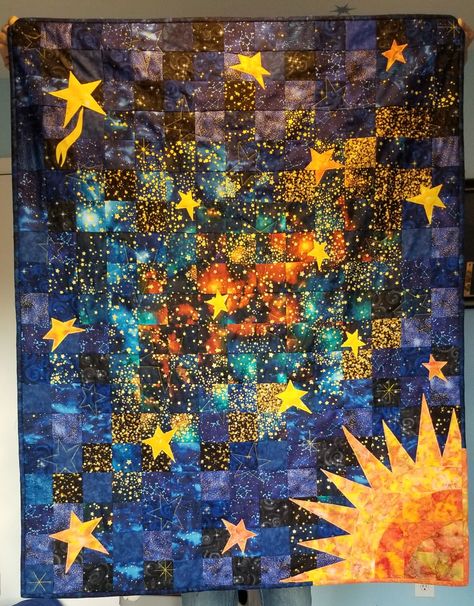 Moon Quilts Ideas, Van Gogh Quilt Patterns, Star Blanket Quilt, Outer Space Quilt Pattern, Celestial Quilt Ideas, Galaxy Quilt Pattern, Space Themed Quilt Patterns, Animal Eyes Drawing, Celestial Quilt