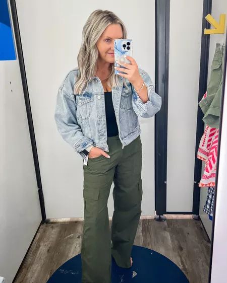 Shop "over 40 cargo pants" on LTK Green Cargo Pants Jean Jacket, Green Cargo Pants Work Outfit, Womens Cargo Pants Outfit Casual, Teacher Cargo Pants Outfit, Wide Leg Cargo Jeans Outfit Women, Green Utility Pants Outfits, Green Cargo Jacket Outfit, Dressy Cargo Pants Outfits, Women’s Cargo Pants Outfit