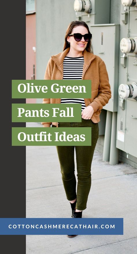 Boise style blogger Kimi of Cotton Cashmere Cat Hair rounded up 14 olive green pants for women that are perfect for fall! This post will help you style your favorite olive green jeans. Linen Olive Pants Outfit, Army Green And Denim Outfit, Olive Green Leggings Outfit Casual, Olive Corduroy Pants Outfit, Olive Green Corduroy Pants Outfit, Olive Cargo Outfits Women, Olive Green Pants Outfit Fall, Olive Green Pants Outfit Women Casual, Fatigue Pants Outfit For Women