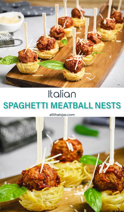 These Mini Spaghetti Nests and Italian Meatballs is a must have party appetizer. Made with creamy Alfredo pasta and Italian-style meatballs in marinara sauce, they are easy to make and a huge crowd-pleaser! | allthatsjas,com | #appetizer #italian #mini #spaghetti #meatballs #marinara #alfredo #fingerfood #partyfood #allthatsjas #easy #pasta #angelhair #gameday #recipes Spaghetti Appetizer Recipes, International Appetizer Party, Pasta Appetizers Parties Food, Spaghetti Nests, International Appetizers, Creamy Alfredo Pasta, Meatballs In Marinara Sauce, Meatballs Appetizer, Meatballs Marinara