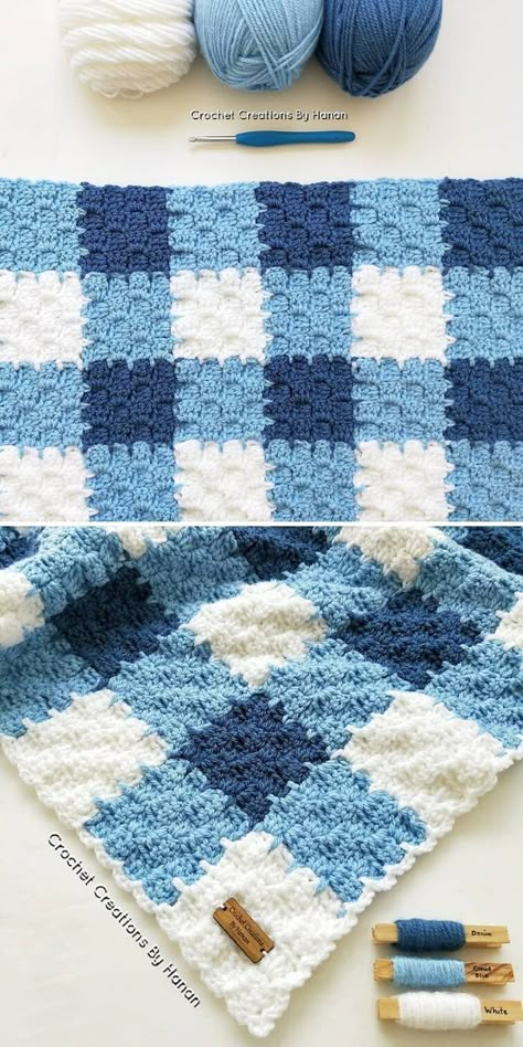 As I’ve mentioned before, you can create gingham pattern without the use of tapestry crochet, but simply by joining squares in different colors! This lovely pattern uses C2C technique, which can be tricky, but is definitely worth the try. Hanan chose denim, blue and white to make her version of gingham blanket.  #freecrochetpattern #gingham #ginghamcrochet #ginghamblanket Modern Haken, Crochet C2c Pattern, Christmas Crochet Blanket, C2c Crochet Blanket, Modern Crochet Blanket, Crochet Square Blanket, Crochet Stitches For Blankets, Easy Crochet Blanket, Crochet Blanket Designs