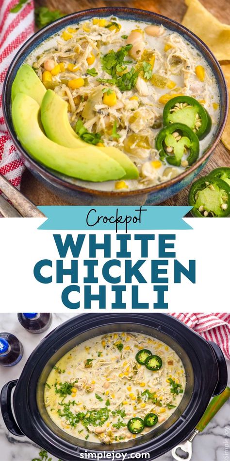 Crockpot White Chicken Chili is such an easy dinner idea. Your slow cooker does most of the work and you are left with a creamy and delicious soup that makes for a filling dinner. Healthy Chili Crockpot, White Chicken Chili Recipe Crockpot, White Chicken Chili Healthy, White Chicken Chili Slow Cooker, White Chicken Chili Recipe, Chicken Crockpot Recipes Healthy, Chicken Chili Crockpot, Crockpot White Chicken Chili, Creamy White Chicken Chili