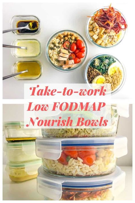 Customize a packable low FODMAP lunch with a delicious nourish bowl. Follow these easy steps and you'll have a filling take-to-work meal. Fodmap Recipes Lunch, Easy Fodmap Recipes, Low Fodmap Lunch, Fodmap Diet Food Lists, Food Map Diet, Low Fodmap Diet Plan, Nourish Bowls, Fodmap Lunch, Fodmap Recipes Dinner