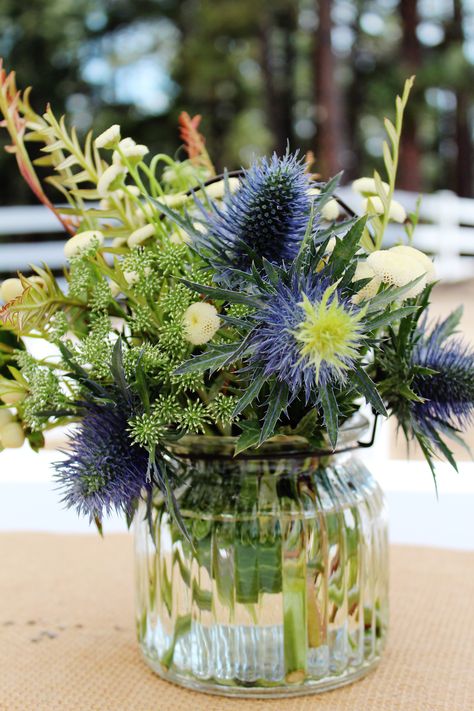 Small arrangements of thistle and fern by T. Hall Interiors Herb Flower Arrangements Wedding, Scottish Floral Arrangements, Thistle Wedding Centerpieces, Herb Flower Arrangements, Scottish Flower Arrangements, Blue Thistle Centerpiece, Thistle Cupcakes, Blue And Green Floral Arrangements, Scottish Centerpieces