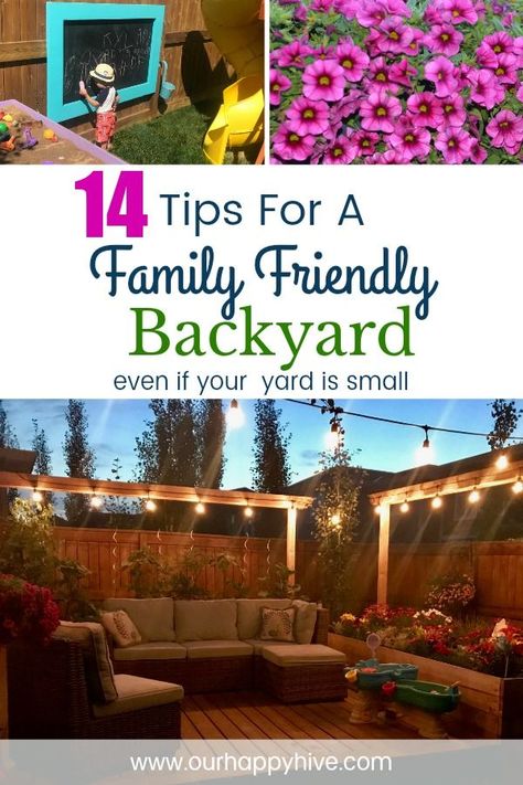 Make the most of your summer by creating a fun space for kids and adults in your own backyard. Check out this post for tips to make your backyard, weather big or small, a fun and inviting place for your family. | family fun | backyard activities | small yard | family memories | backyard for kids | #smallbackyard #kidfriendlybackyard #ourhappyhive Family Friendly Backyard, Small Yard Kids, Kid Friendly Backyard, Fun Backyard, Space For Kids, Backyard Ideas For Small Yards, Backyard Activities, Backyard Layout, Family Backyard