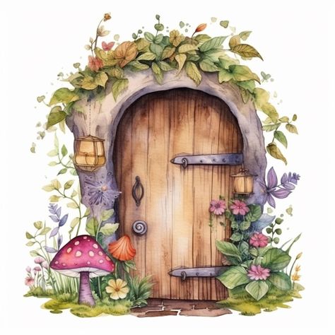 Fairy Door Painting, Fairy Door Drawing, Cottage Clipart, Knitting Cartoon, Spring Flowers Watercolor, Watercolor Houses, Elf Art, Surrounded By Flowers, Bird Houses Painted