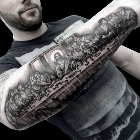 Tatted, Pierced, Follower of Jesus...Wait, What? The Last Supper Tattoo, Jesus Forearm Tattoo, Catholic Tattoos, Christian Tattoo, Tattoo Man, Tattoo Inspiration Men, Forearm Tattoo Design, Religious Tattoo, Jesus Tattoo