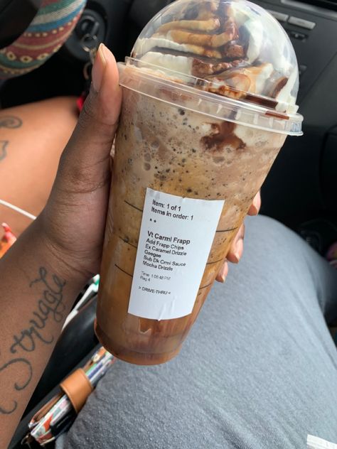 Venti Caramel Frapp | Dark Caramel | Java Chips | Extra Caramel and Mocha Drizzle ( optional ) Starbucks Caramel Drizzle, Sweet Carmel Starbucks, Carmel Frap Starbucks, Coffe Star Bucks Caramel, Carmel Drink At Starbucks, Java Chip, Birthday Care Packages, Secret Starbucks Recipes, Starbucks Orders