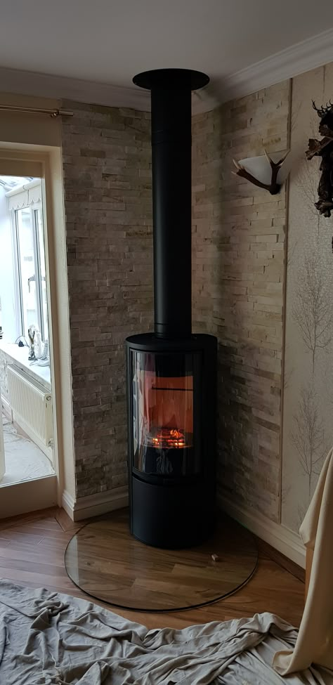 Corner Wood Burning Stove, Corner Log Burner, Wood Burning Stove Corner, Contemporary Wood Burning Stoves, Corner Wood Stove, Corner Stove, Wood Burner Fireplace, Wood Burning Stoves Living Room, Log Burner Living Room