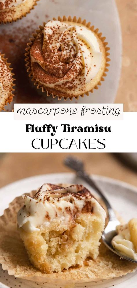 Tiramisu Cupcakes Julie Marie Eats Tiramisu Cupcakes, Tirimasu Cupcake Recipes, Tiramisu Cookie Cups, Vegan Tiramisu Cupcakes, Tiramisu Cupcakes Recipe, Recipe With Mascarpone, Fluffy Vanilla Cupcake Recipe, Flower Cupcake Bouquet, Mascarpone Frosting Recipe