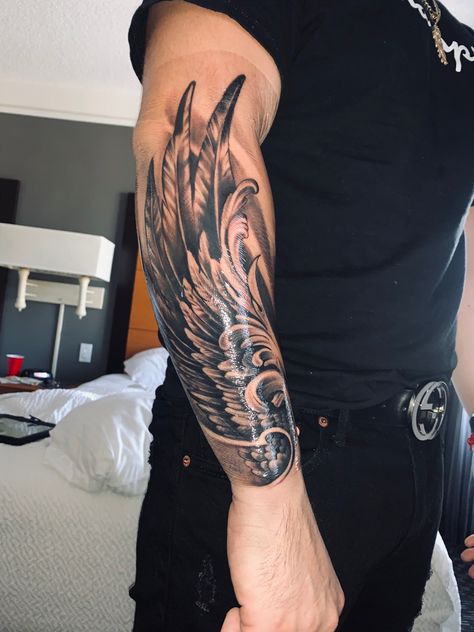 Angel Wing Arm Tattoo, Wing Tattoos For Men, Symbolic Drawings, Wing Tattoo On Shoulder, Forearm Wing Tattoo, Wing Tattoo Arm, Wings Tattoos, Colorful Sleeve Tattoos, Wing Tattoo Men