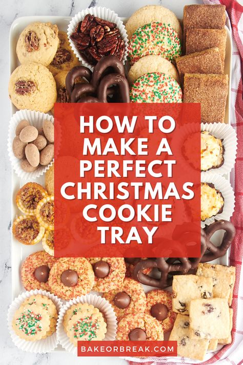 Learn how to make beautiful, delicious Christmas cookie trays! Whether you're assembling a tray for serving or for gifting, you'll learn some great tips! Cookie Trays For Christmas, Cookie Plate Gift Packaging Ideas, Christmas Baking Tray Ideas, Christmas Cookie Tray Ideas Gift, Holiday Cookie Tray Ideas, Christmas Cookie Tray Presentation, Christmas Cookie Display Ideas, Christmas Tray Bakes, Cookie Trays Presentation