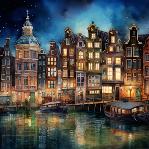 Amsterdam Night, Waterfall Artwork, Night Watercolor, Amsterdam Houses, Amsterdam Canals, Italian Village, Colorful Lights, Water Play, Amsterdam Netherlands