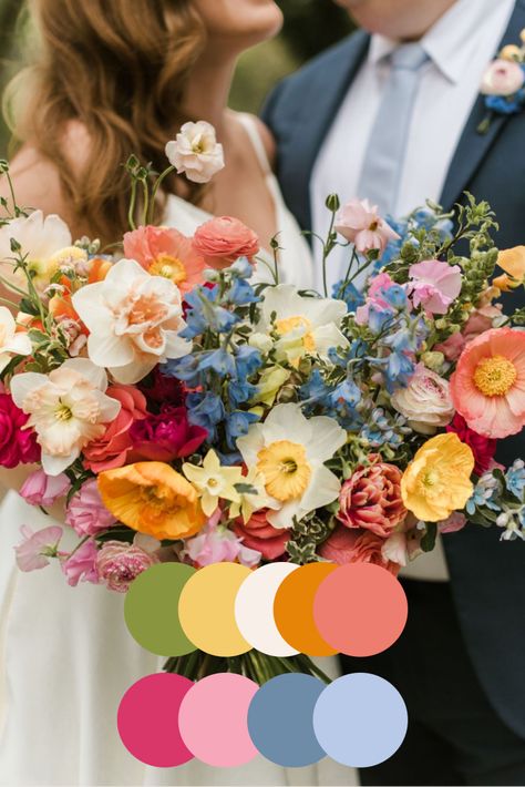 Wild Flower Garden Wedding, Pink Orange Green Color Scheme Wedding, Wedding Colorful Decorations, Vivid Wedding Color Schemes, Spring Wedding Colors With Navy, Spring Jewel Tones, Floral Wedding Colors, Lesbian Wedding Color Schemes, Pink Purple Blue Yellow Color Palette