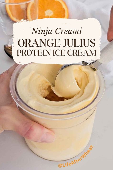 Breakfast: MADE! This orange julius protein ice cream is super easy to make in the Ninja Creami, is packed with protein and potassium, and is SO creamy and good! You'll love that it has no added sugar and is a healthy, high protein breakfast you can make anytime! Creami Recipies, Ice Cream Maker Recipes Healthy, Ninja Creamy, Ninja Ice Cream Recipe, Protein Ice Cream Recipe, Healthy High Protein Breakfast, Protein Ice Cream Recipes, Pumpkin Pie Ice Cream, Dairy Free Protein