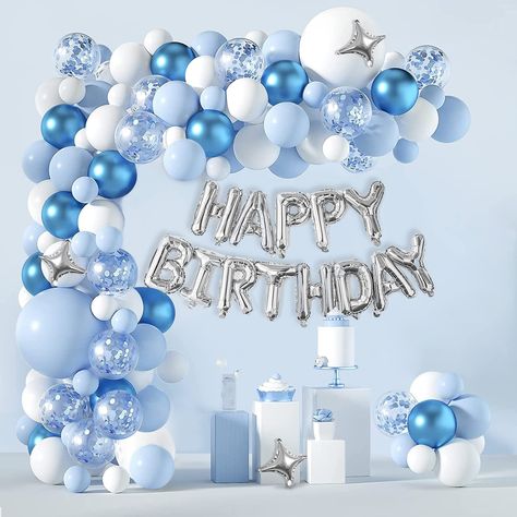 PRICES MAY VARY. White Blue Balloons Garland Arch Kit---Blue and white balloons are ideal for any party. Add these pretty and unique Blue balloons to your party, and they can add a mysterious and noble atmosphere to your party, it includes 1pc 3D Foil Happy Birthday Banner, 3pcs 10" Foil Balloons, 2pcs 18"balloons, 18pcs 12"balloons, 30pcs 10"Balloons, 25pcs 5" balloons, and comes with a strong pump and balloon garland accessories. Enough quantity and different sizes will meet the needs of your Blue Color Birthday Theme, Shades Of Blue Balloons, Sweet Sixteen Blue Theme, White And Blue Birthday Theme, Blue Aesthetic Birthday Party, Mama Mia Balloon Arch, Blue And White Birthday Decorations, Baby Blue Birthday Party Decorations, Blue Balloons Decorations