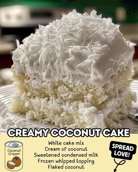 Delicious Creamy Coconut Cake, Coconut Cream Pie Cake, Cream Of Coconut, Easy Family Recipes, Coconut Cake Recipe, Homemade Cake, Cake Easy, Coconut Cream Pie, Homemade Cake Recipes