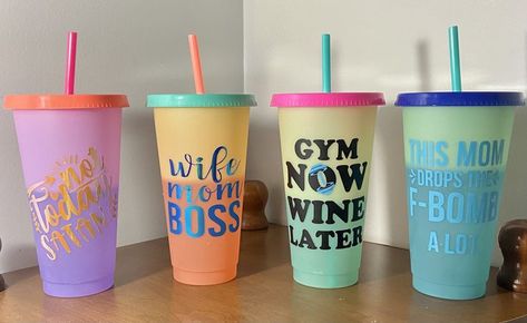 Choose your favorite quote to be added to your color changing tumbler! //tumbler with decal // custom tumbler with quote // gym tumbler // water bottle with decal // wife mom boss // wine later // f bomb mom Color Changing Cups, Preworkout Drink, Personalized Water Bottle, Wife Mom Boss, Tumbler Cups Diy, Bottle With Straw, Tumbler Decal, Mom Tumbler, Personalized Water Bottles