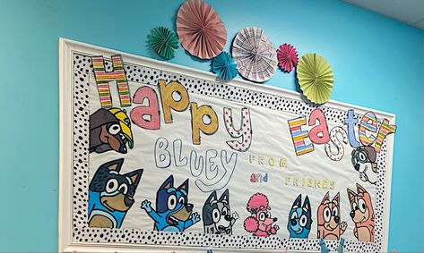 Bluey Bulletin Board Ideas, Themed Bulletin Boards, April Preschool, Bluey Friends, Wall Boards, Bulletin Board Ideas, Classroom Bulletin Boards, School Bulletin Boards, Wall Board