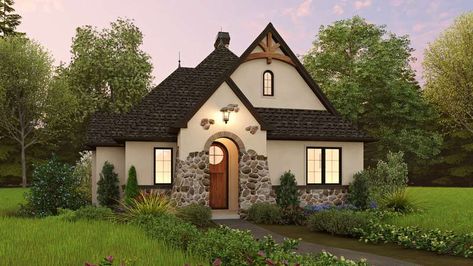 Cottagecore Home Exterior, Small Tudor Style Homes, Stone Wainscoting, Cottage Floorplan, Smaller Houses, Arch Entryway, Roman House, European Cottage, Cottage Style House Plans