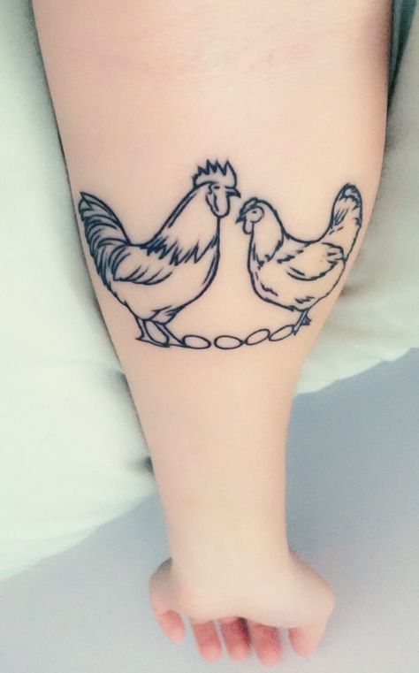 My chicken family tattoo!! ❤️❤️ #chickentattoo #roostertattoo Chicken Family Tattoo, Chicken Outline Tattoo, Cute Chicken Tattoo, Chicken Tattoos For Women, Small Chicken Tattoo, Chicken Tattoo Ideas, Farm Tattoos, Hen Tattoo, Farm Tattoo