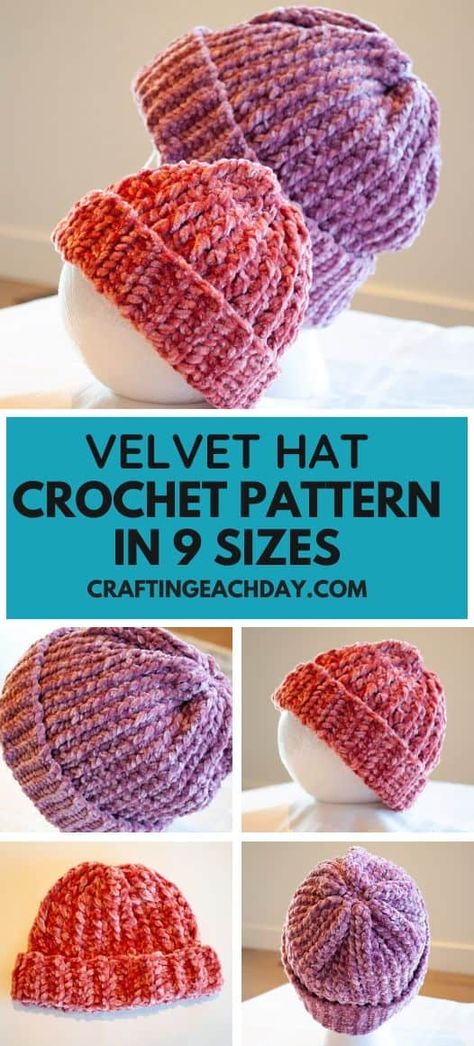 Crochet a soft and luxurious hat. The pattern includes instructions for nine sizes from baby to adult. #crochet #crochetpattern #crochethat #velvet yarn #craftingeachday Crotchet Hat, Farm Hat, Crochet Ponytail, Ponytail Hats, Daisy Farm, Crochet Baby Beanie, Yarn Hats, Velvet Yarn, Crocheted Hats